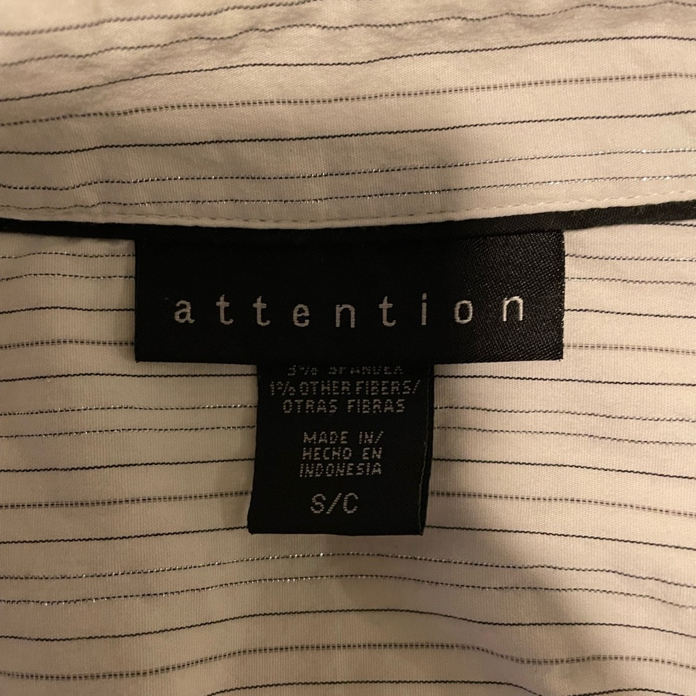 Attention Button Down Silver and Blue Stripes on White Background